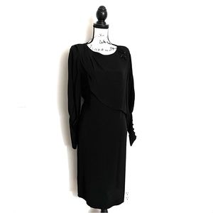 Vintage 80s Warren Z Black Dress Cuffed Sleeves Shoulder Pads